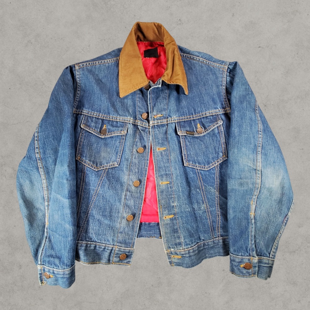 Vintage Roebucks Denim Jacket Mens Medium Blue Selvedge Trucker Red Quilt Lined